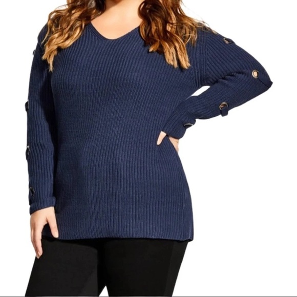 City Chic sweater navy blue eyelet grommet sleeves plus size XL/22 v neck - Picture 1 of 15
